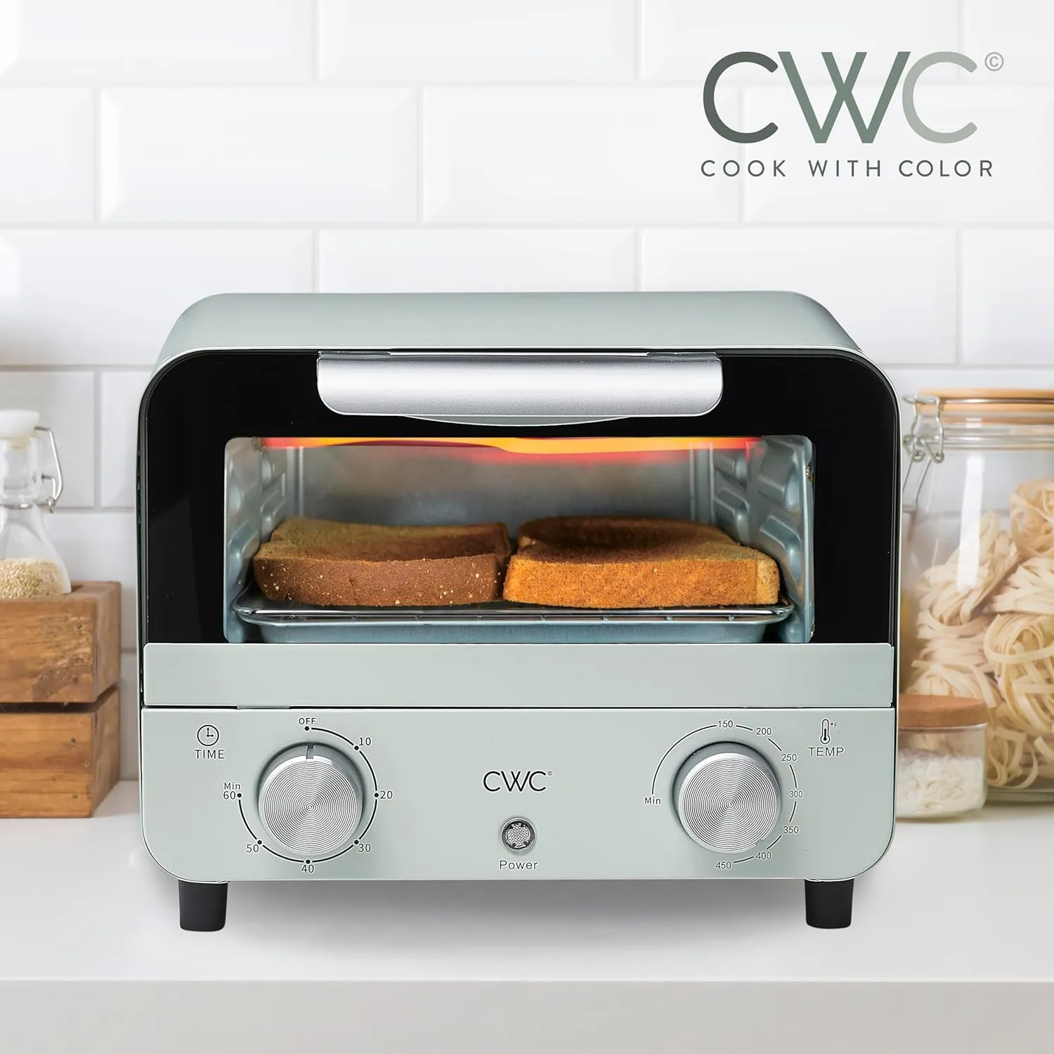 COOK WITH COLOR Mini Toaster Oven: 600W Power, Precision Timer, Auto Shutoff, and Culinary Delights Up To 450 Degrees, Sage