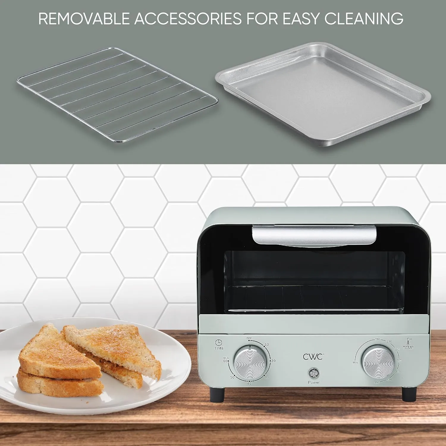 COOK WITH COLOR Mini Toaster Oven: 600W Power, Precision Timer, Auto Shutoff, and Culinary Delights Up To 450 Degrees, Sage