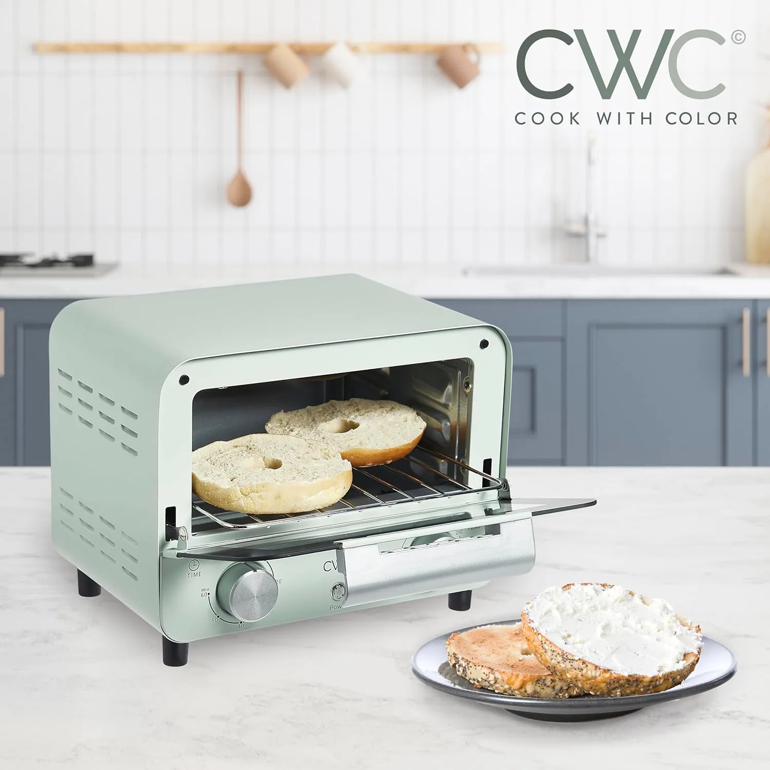 COOK WITH COLOR Mini Toaster Oven: 600W Power, Precision Timer, Auto Shutoff, and Culinary Delights Up To 450 Degrees, Sage