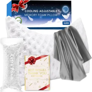 Cooling Side Sleeper Pillow for Neck and Shoulder Pain, Luxury Shredded Memory Foam Curved Bed Pillows for Sleeping Set of 1- Adjustable Queen Size- Washable Cover Crescent White& Grey Pillowcase