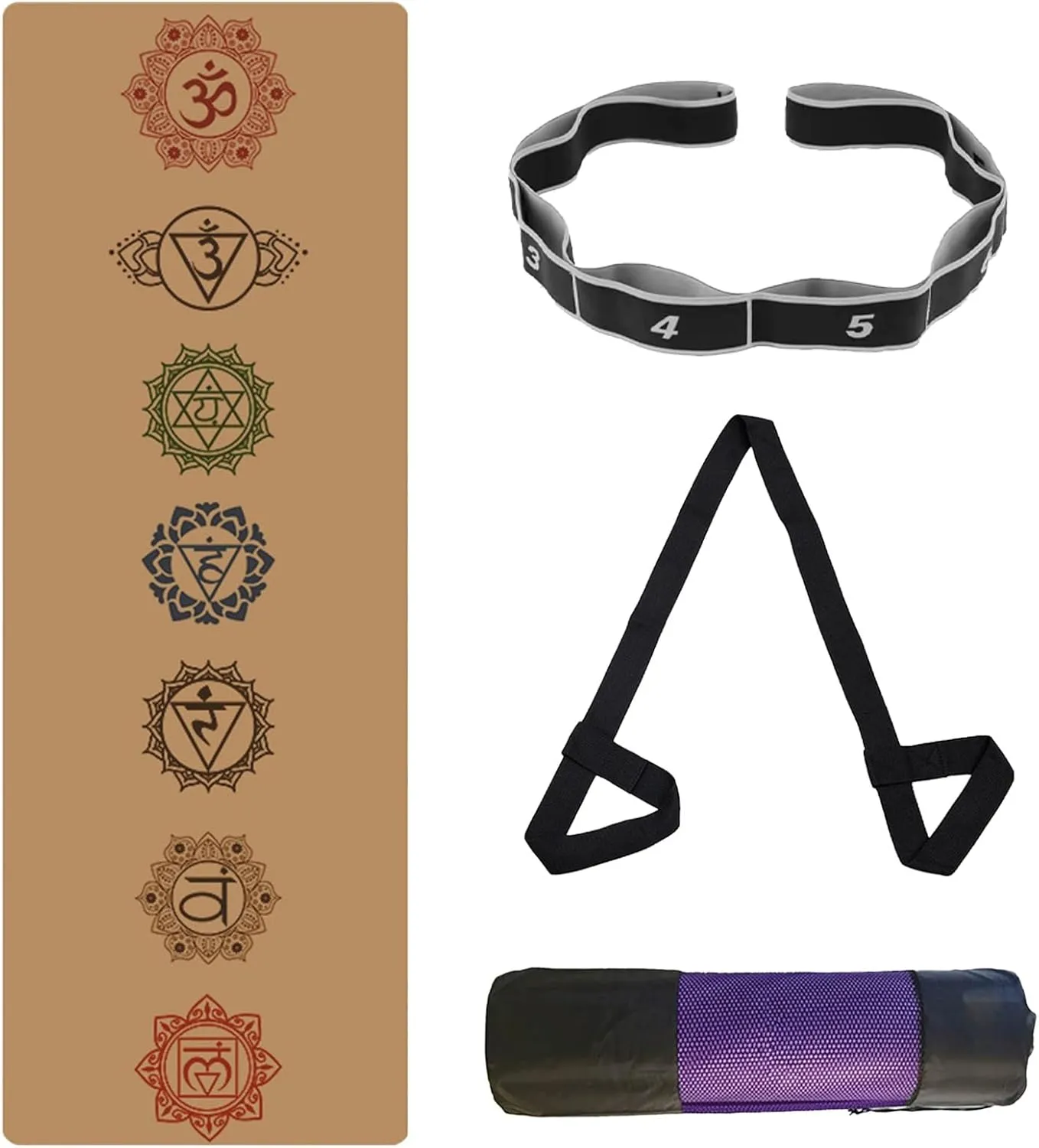 Cork TPE Yoga Mat, Non-Slip Fitness Mat with Carry Strap, Storage Bag, Tension Belt, for Yoga Pilates Exercise Home Gym