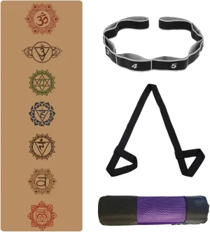 Cork TPE Yoga Mat, Non-Slip Fitness Mat with Carry Strap, Storage Bag, Tension Belt, for Yoga Pilates Exercise Home Gym