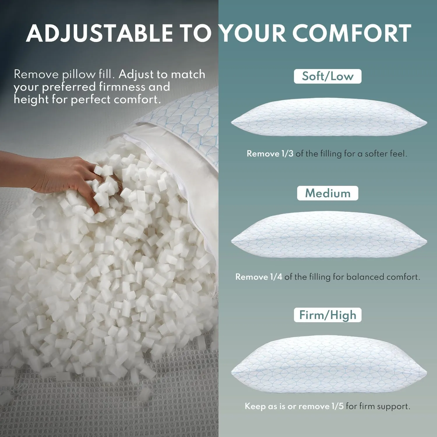 COZSINOOR Cooling Pillows Queen Size Set of 2 for Sleeping - Adjustable Shredded Memory Foam Pillows 2 Pack, Cool Bed Pillows for Back, Side and Stomach Sleepers, Gel Pillow Removable Cover Washable