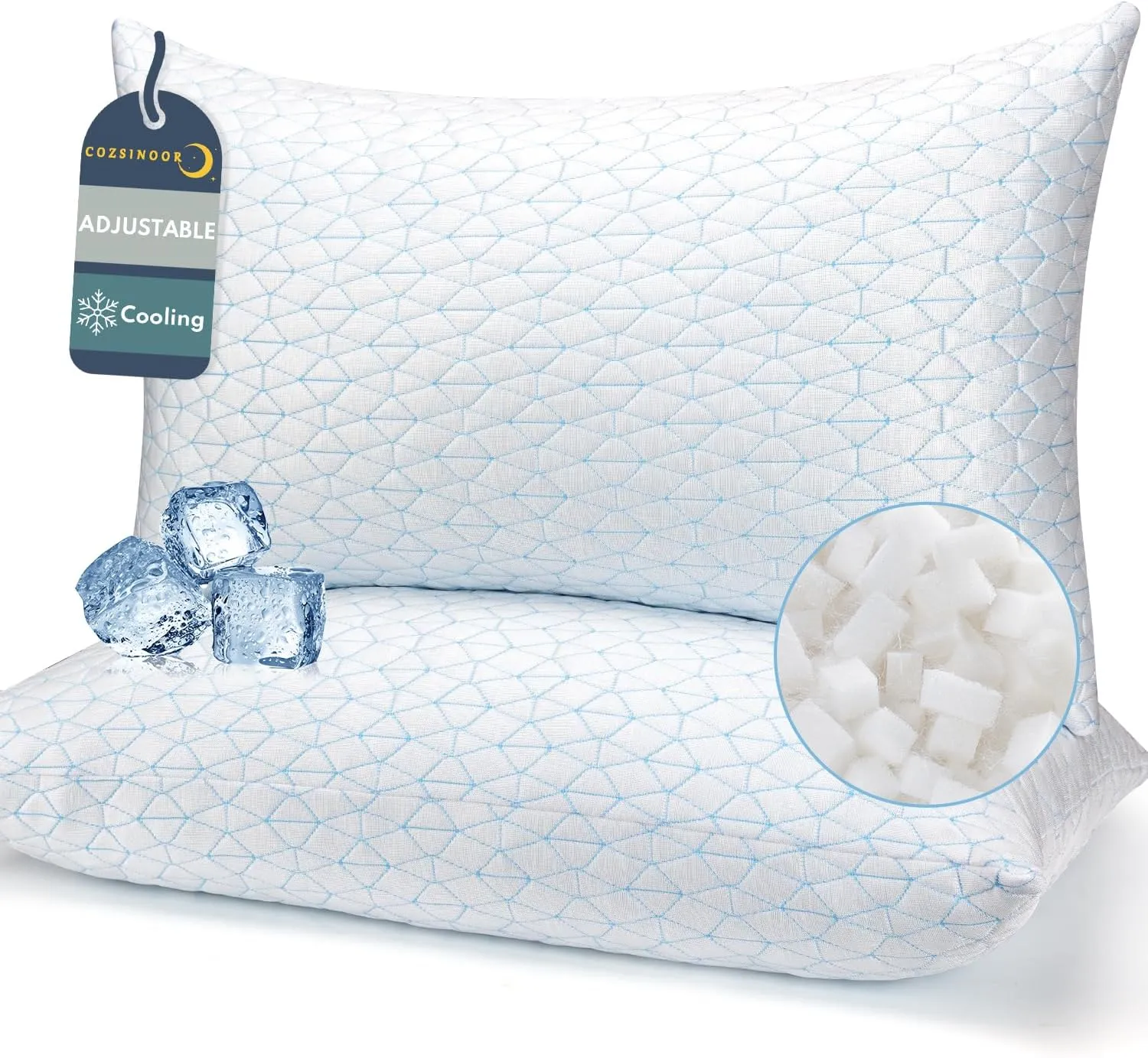 COZSINOOR Cooling Pillows Queen Size Set of 2 for Sleeping - Adjustable Shredded Memory Foam Pillows 2 Pack, Cool Bed Pillows for Back, Side and Stomach Sleepers, Gel Pillow Removable Cover Washable