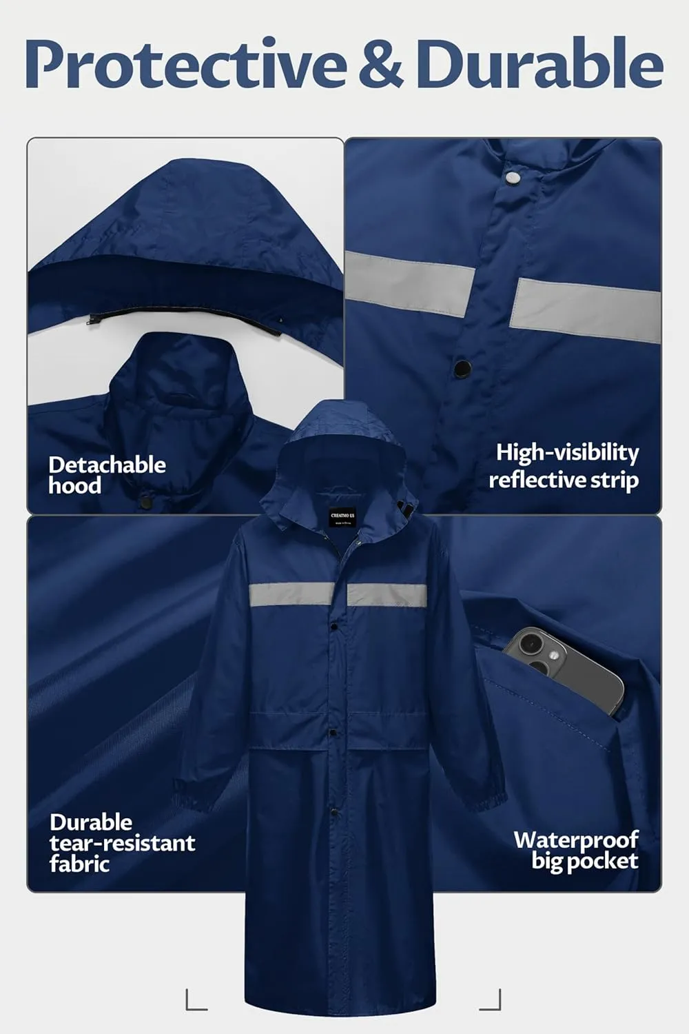CREATMO US Men's Long Rain Coat Waterproof Packable Rain Jacket Outdoor Lightweight Windbreaker with Hood