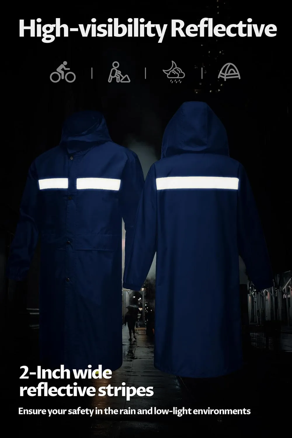 CREATMO US Men's Long Rain Coat Waterproof Packable Rain Jacket Outdoor Lightweight Windbreaker with Hood