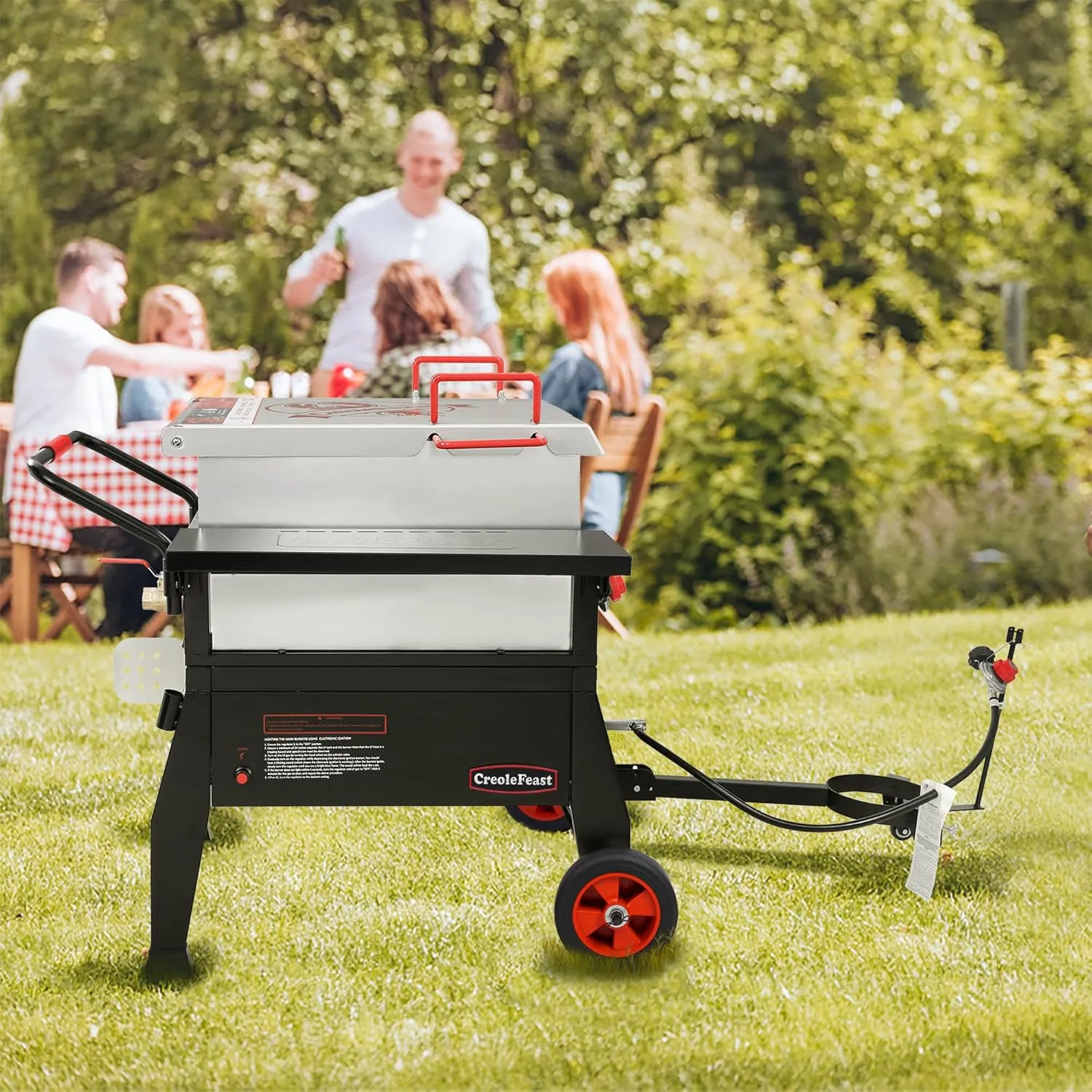 Creole Feast CFB1001A 90 QT Crawfish Boiler, Outdoor Single Sack Propane Gas Cooker with Folding Cylinder Mounting Bracket and Stirring Paddle for Seafood & Crawfish Season, Black