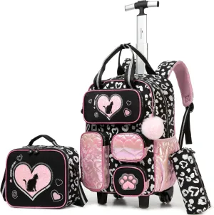 Cute Cat Rolling Backpack with Wheels for Elementary Kindergarten Students Kids Travel Luggage Black Carry on Backpack for Girls Ages 6-8