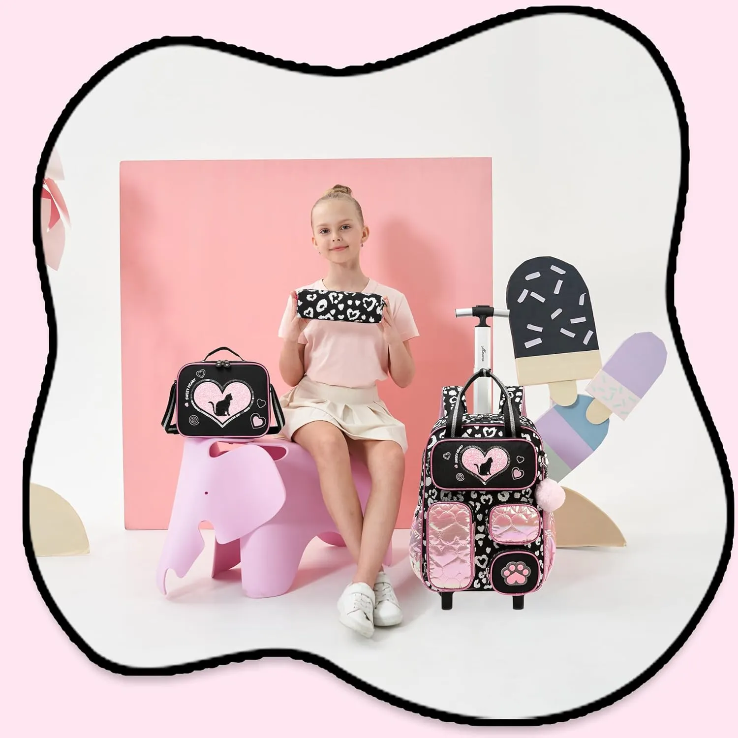 Cute Cat Rolling Backpack with Wheels for Elementary Kindergarten Students Kids Travel Luggage Black Carry on Backpack for Girls Ages 6-8