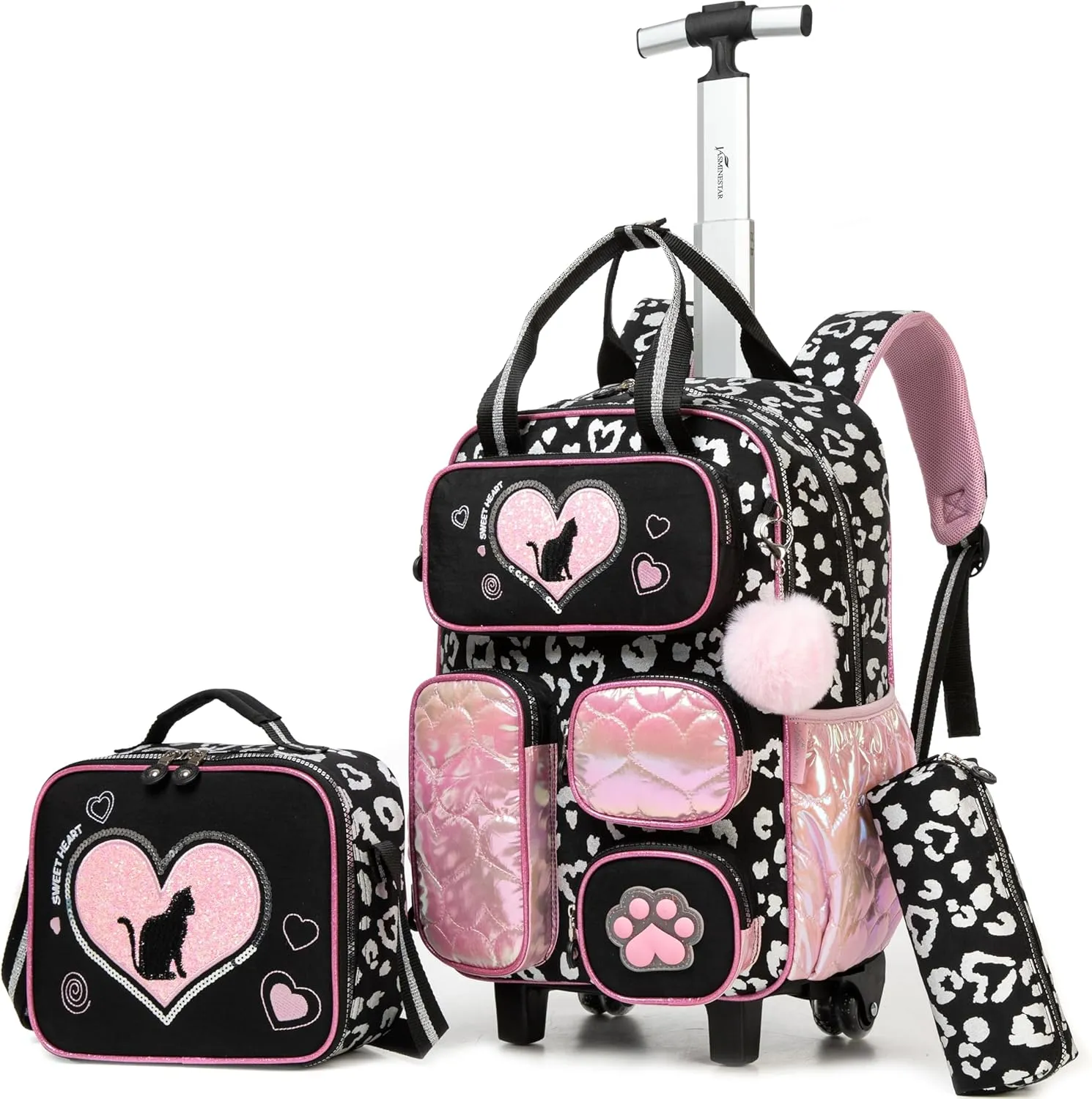 Cute Cat Rolling Backpack with Wheels for Elementary Kindergarten Students Kids Travel Luggage Black Carry on Backpack for Girls Ages 6-8