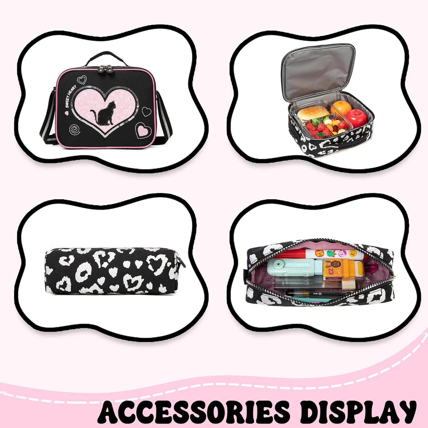 Cute Cat Rolling Backpack with Wheels for Elementary Kindergarten Students Kids Travel Luggage Black Carry on Backpack for Girls Ages 6-8
