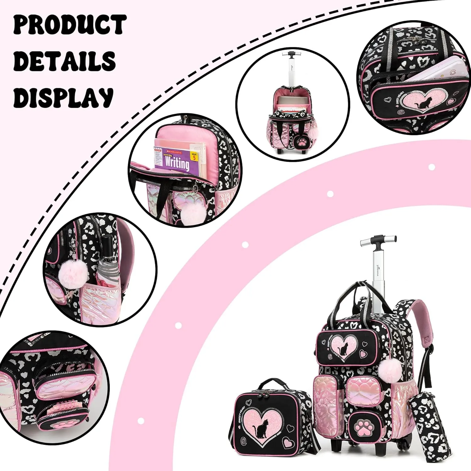 Cute Cat Rolling Backpack with Wheels for Elementary Kindergarten Students Kids Travel Luggage Black Carry on Backpack for Girls Ages 6-8