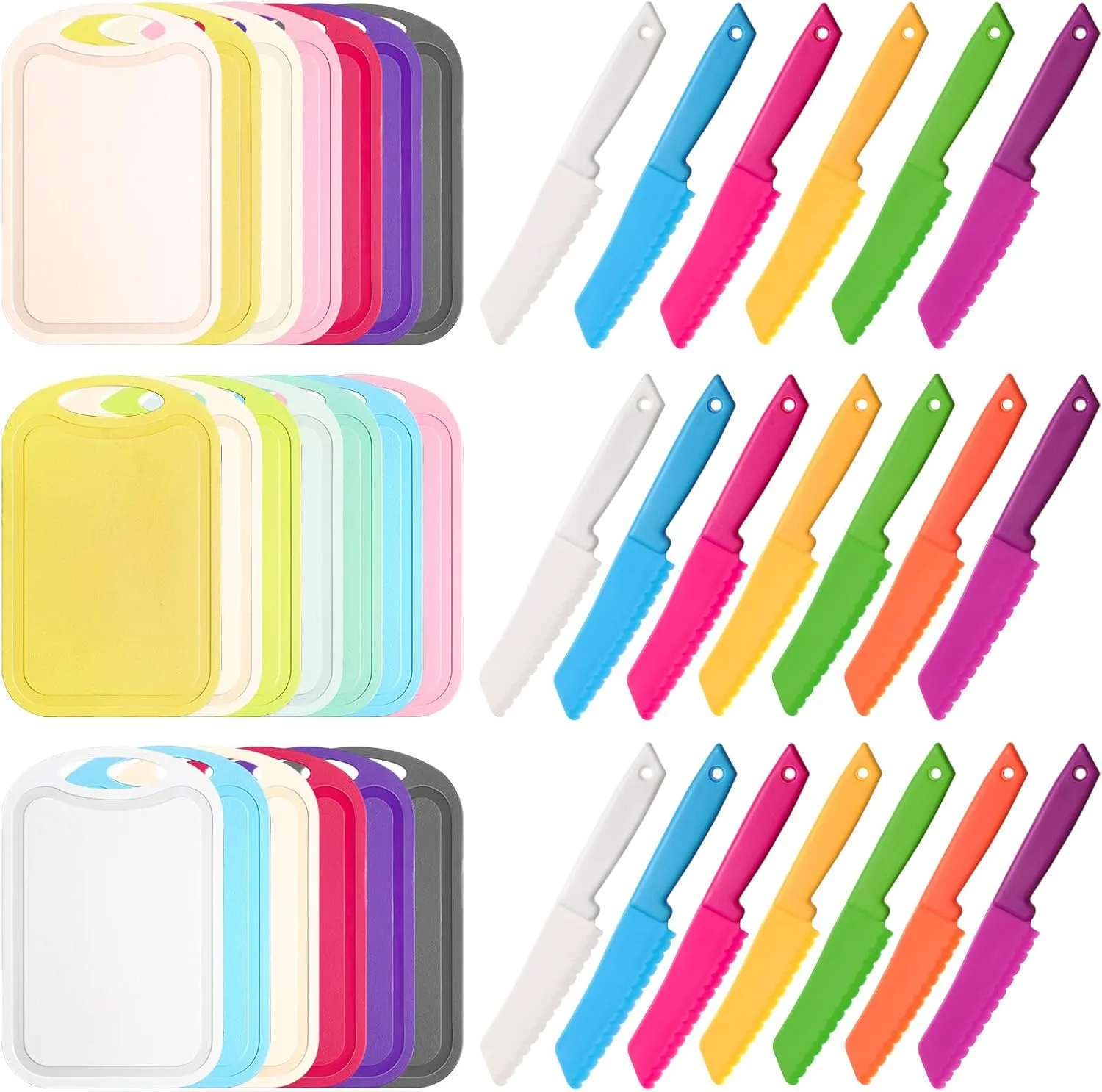 Dandat 40 Pcs Kids Knife Set Kids Plastic Knife with Cutting Board Toddler Knifes Serrated Edges Kids Chopping Board Kids Cooking Utensils for Salad Fruit Preschool Cooking Class Party