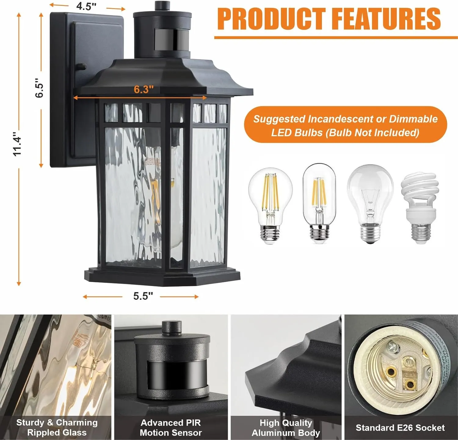 DASTOR Motion Sensor Outdoor Lights 2 Pack, Dusk to Dawn Outdoor Wall Lantern, 100% Aluminum Black Exterior Sconce Lighting Fixtures for Porch Patio Garage