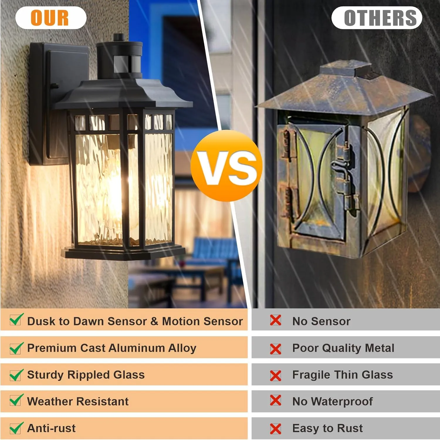 DASTOR Motion Sensor Outdoor Lights 2 Pack, Dusk to Dawn Outdoor Wall Lantern, 100% Aluminum Black Exterior Sconce Lighting Fixtures for Porch Patio Garage