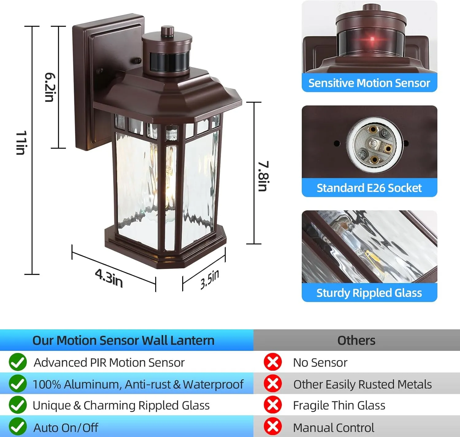 DASTOR Motion Sensor Outdoor Lights 2 Pack, Dusk to Dawn Outdoor Wall Lantern, Brown Exterior Sconce Lighting Fixtures for House Porch Front Door