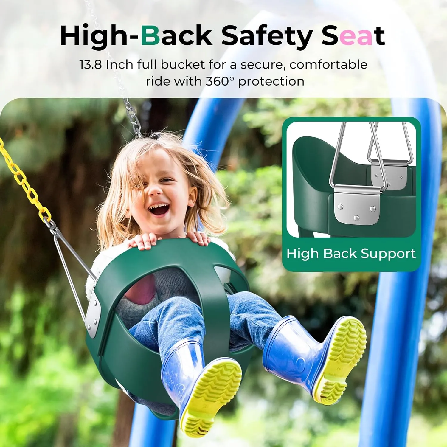 DECORLIFE Toddler Swing, Baby Swing Outdoor –High Back Full Bucket Swing Set for Ages 1-3, 330lb Capacity, Safety Design, Plastic-Coated Chains and Quick-Snap Carabiners for Backyard, Playground