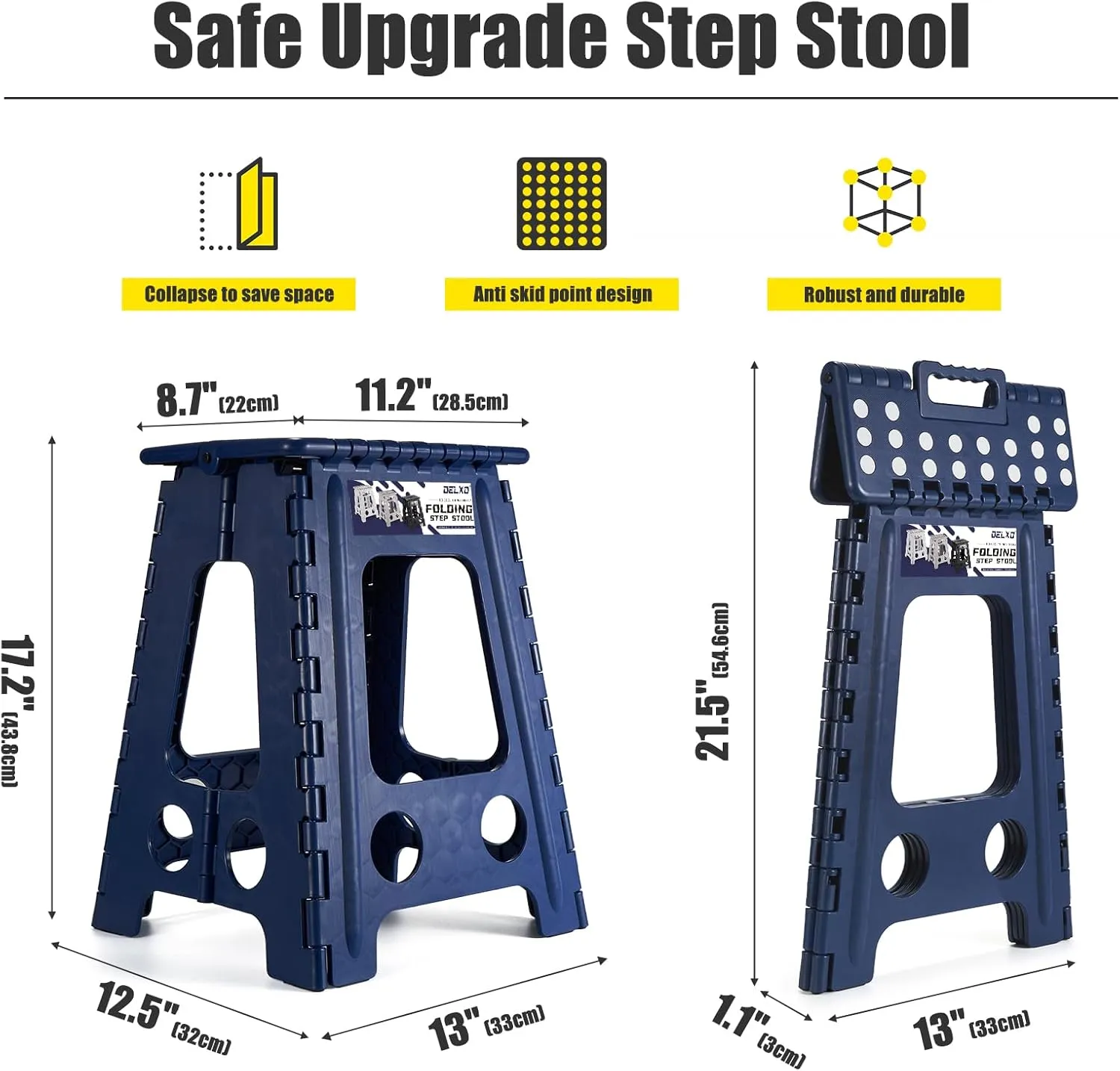 Delxo Folding Step Stool 17.5 Inch,Heavy Duty Step Stools for Adults,Non Slip Folding Stool with Handle,Premium Portable Foldable Step Stool for Kitchen Bathroom Bedroom Up to 400LBS,(Royal Blue,1PC)