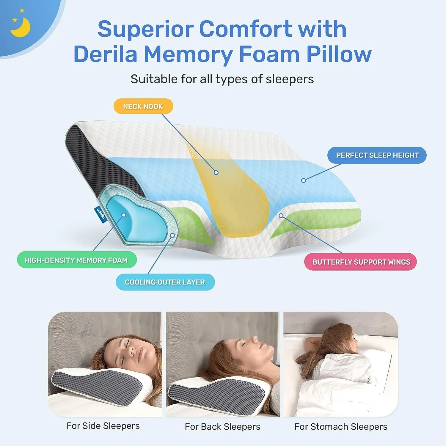 Derila Cervical Queen Size Pillow for Sleeping - Support Pillow for Side, Back, Stomach Sleepers - Contour Best Bed Pillows for Sleeping