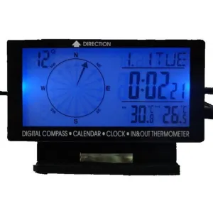 Digital Car Thermometer Black with Blue Backlight Compass Clock with Large LCD 3.9inch