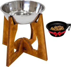 Dog Bowl Elevated - Raised Dogs Feeder for Medium Dogs - Collapsible 9" Dog Feeder Stand - Food Water Dish with Wood Stand - 1 Stainless Steel Bowl 25oz Included - Travel Silicone pet Feeder in Set