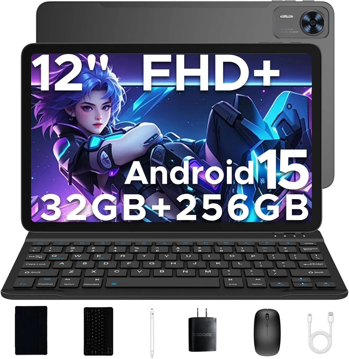 DOOGEE T36 12 inch Tablet with Keyboard, Android 15 Tablet 32GB 256GB/2TB Expand Octa-Core Gaming Tablets,8800mAh,FHD  Touchscreen with sim Card Slot,WiFi 5,Dual Camera,BT5.0,Widevine L1,Black