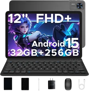 DOOGEE T36 12 inch Tablet with Keyboard, Android 15 Tablet 32GB 256GB/2TB Expand Octa-Core Gaming Tablets,8800mAh,FHD  Touchscreen with sim Card Slot,WiFi 5,Dual Camera,BT5.0,Widevine L1,Black