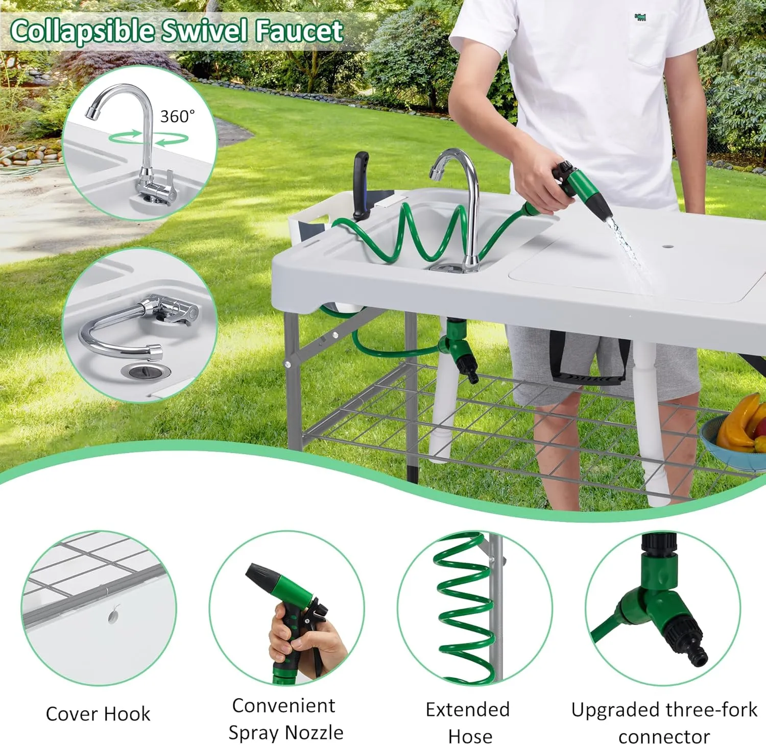 Dragosum 42'' Outdoor Fish Cleaning Table Portable Camping Sink Station with Double Sinks, Collapsible Swivel Faucet, Picnic Sink Table with 6pc Fish Cleaning Kit for Picnic Beach Patio (Grey)