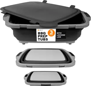 Drip EZ Collapsible BBQ Prep Tubs 3-Piece Set- For Meal Prep Marinating Food Storage - Includes Cutting Board & Lid - (1) JR   (1) OG   (1) XL - Black