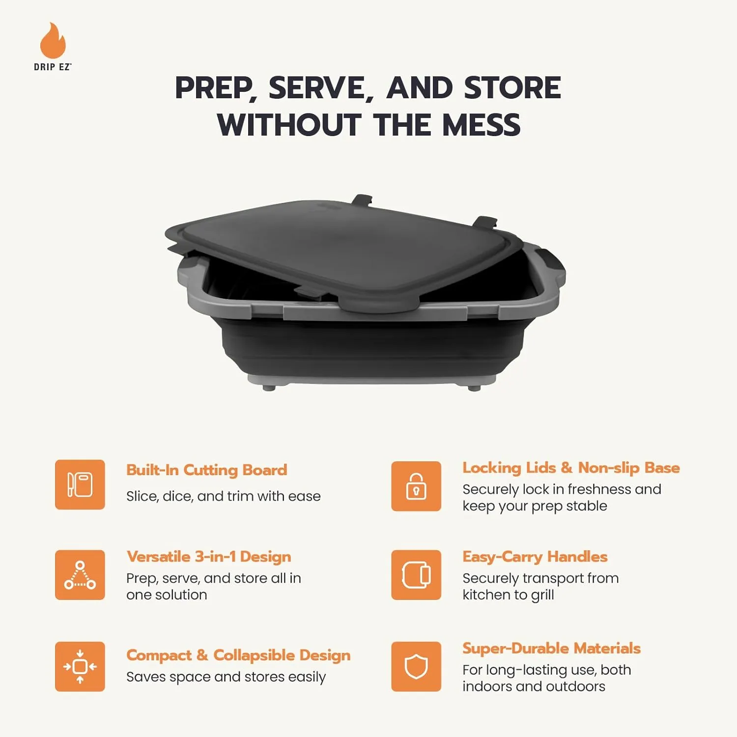 Drip EZ Collapsible BBQ Prep Tubs 3-Piece Set- For Meal Prep Marinating Food Storage - Includes Cutting Board & Lid - (1) JR   (1) OG   (1) XL - Black