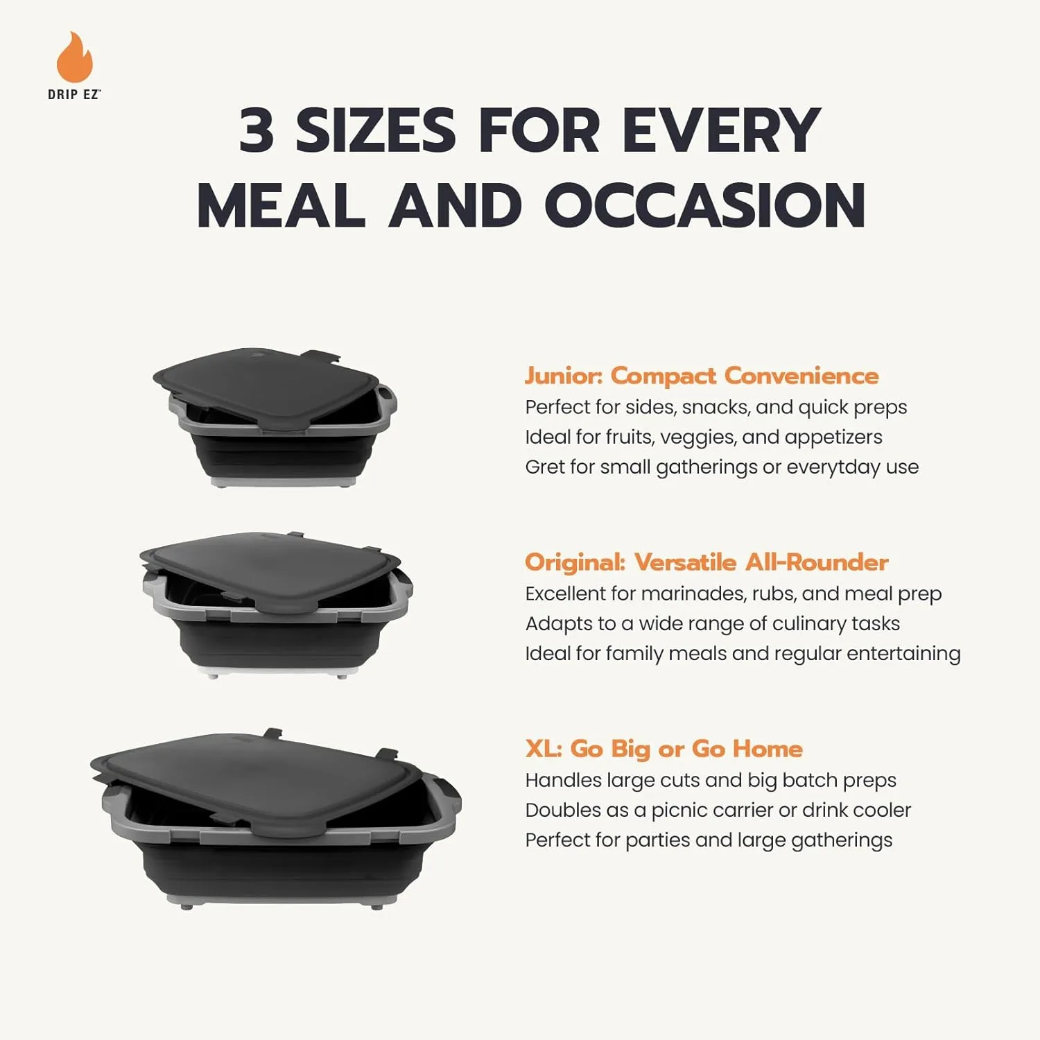 Drip EZ Collapsible BBQ Prep Tubs 3-Piece Set- For Meal Prep Marinating Food Storage - Includes Cutting Board & Lid - (1) JR   (1) OG   (1) XL - Black