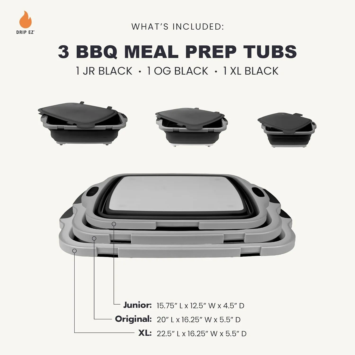 Drip EZ Collapsible BBQ Prep Tubs 3-Piece Set- For Meal Prep Marinating Food Storage - Includes Cutting Board & Lid - (1) JR   (1) OG   (1) XL - Black