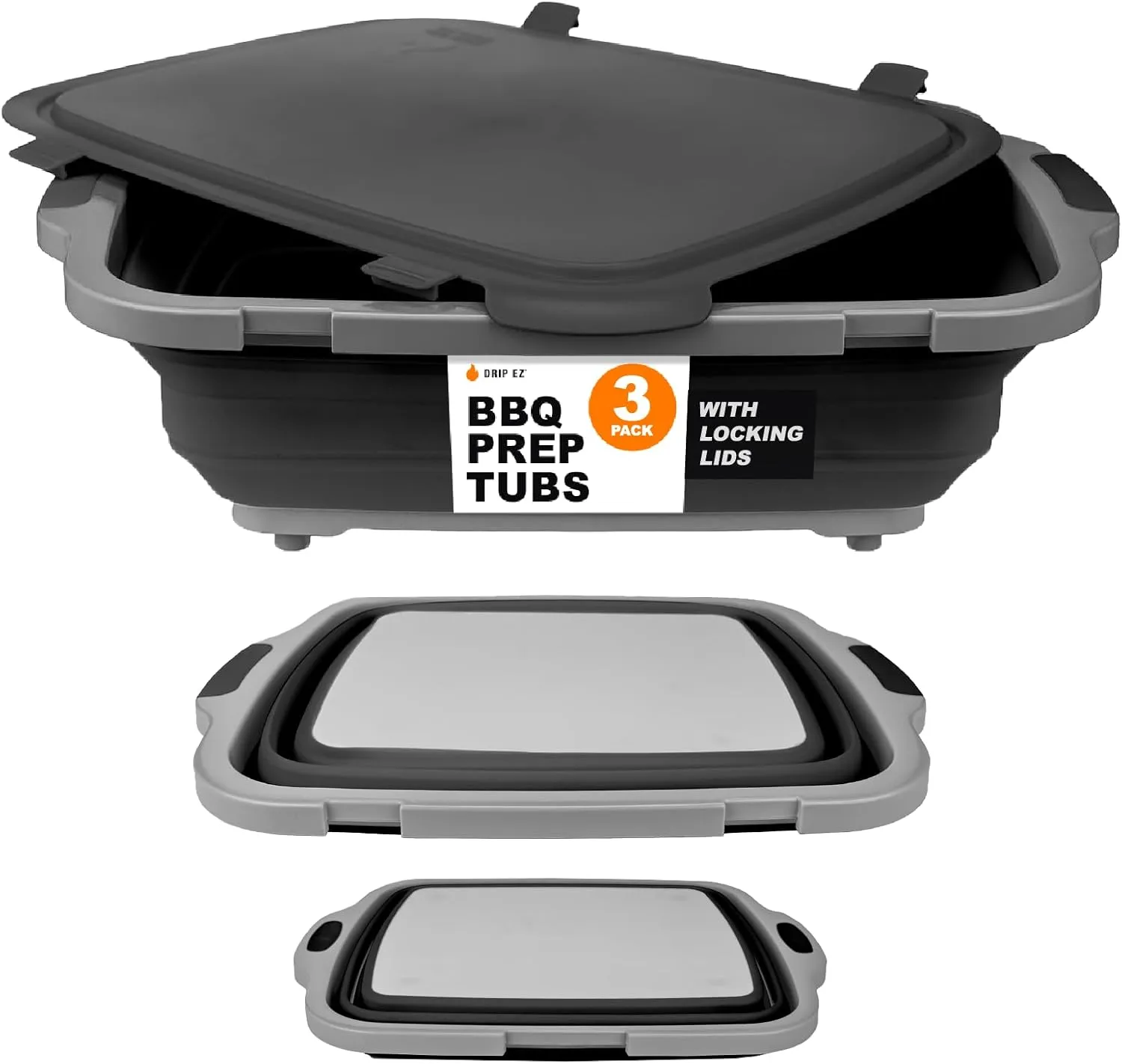 Drip EZ Collapsible BBQ Prep Tubs 3-Piece Set- For Meal Prep Marinating Food Storage - Includes Cutting Board & Lid - (1) JR   (1) OG   (1) XL - Black