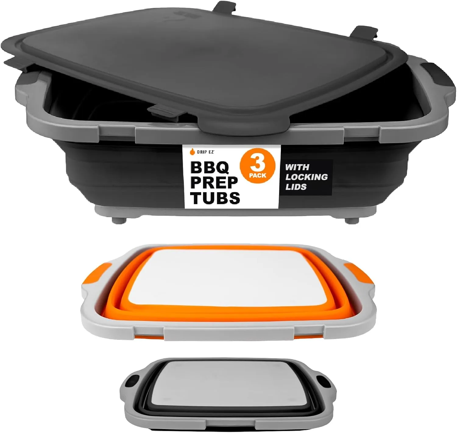 Drip EZ Collapsible BBQ Prep Tubs 3-Piece Set- For Meal Prep Marinating Food Storage - Includes Cutting Board & Lid - (1) JR - Black   (1) OG - Orange   (1) XL - Black