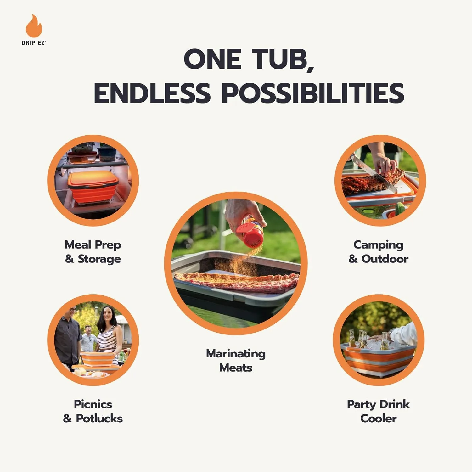 Drip EZ Collapsible BBQ Prep Tubs 3-Piece Set- For Meal Prep Marinating Food Storage - Includes Cutting Board & Lid - (1) JR - Black   (1) OG - Orange   (1) XL - Black