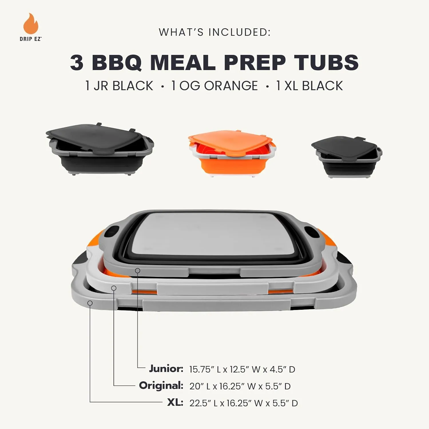 Drip EZ Collapsible BBQ Prep Tubs 3-Piece Set- For Meal Prep Marinating Food Storage - Includes Cutting Board & Lid - (1) JR - Black   (1) OG - Orange   (1) XL - Black