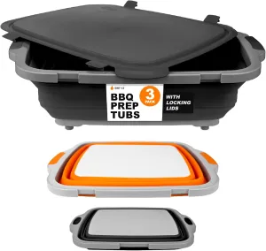 Drip EZ Collapsible BBQ Prep Tubs 3-Piece Set- For Meal Prep Marinating Food Storage - Includes Cutting Board & Lid - (1) JR - Black   (1) OG - Orange   (1) XL - Black