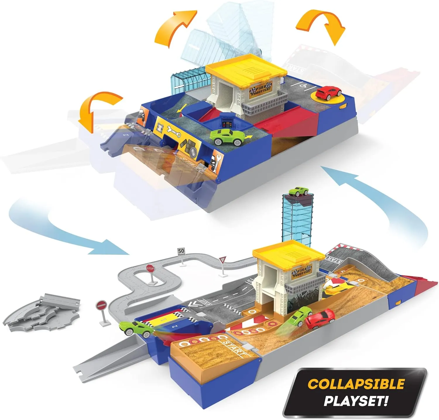 Driven by Battat - 80-Piece Race Track & Auto Shop Playset with Mini Cars - Kids Toys Collapsible Set with Elevator, Road Signs & Multiple Racing Routes - Interactive Vehicle Track System for Ages 3 