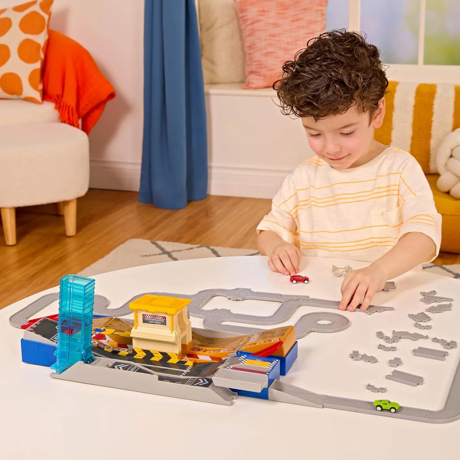 Driven by Battat - 80-Piece Race Track & Auto Shop Playset with Mini Cars - Kids Toys Collapsible Set with Elevator, Road Signs & Multiple Racing Routes - Interactive Vehicle Track System for Ages 3 
