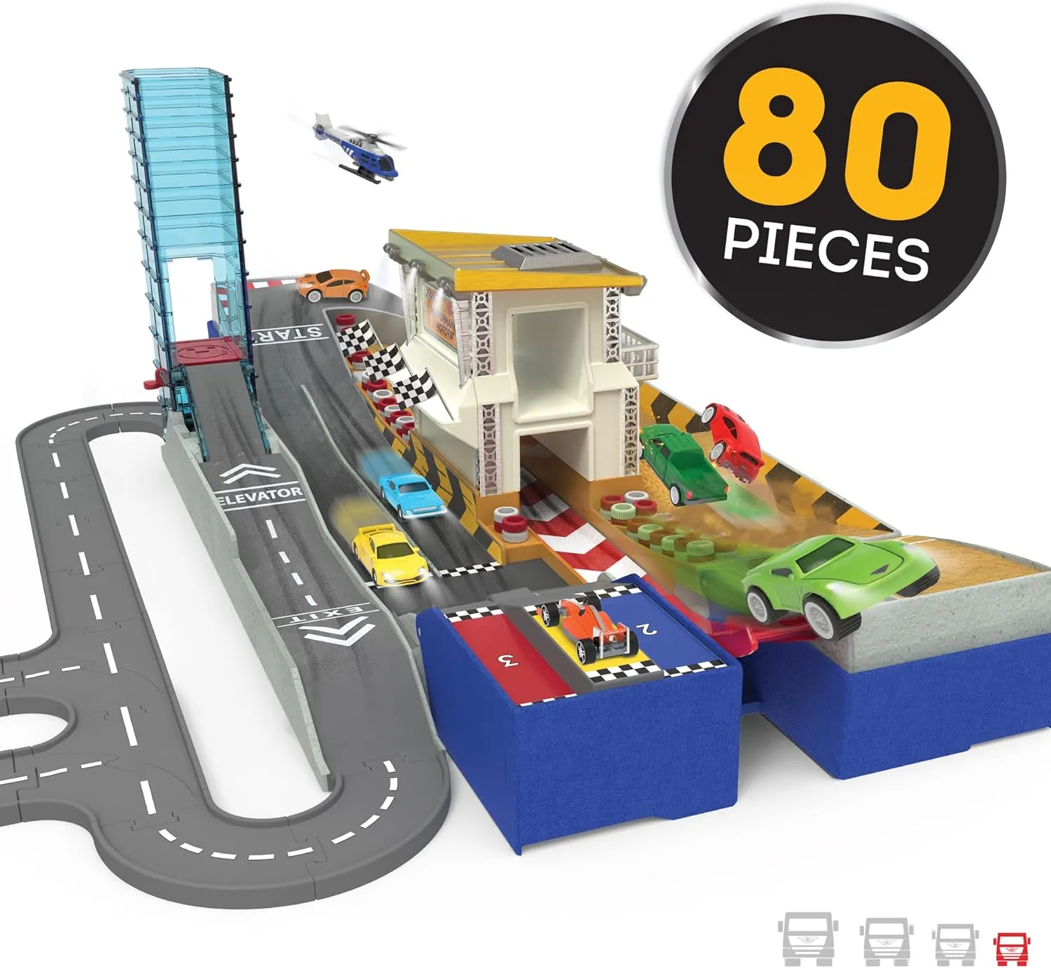 Driven by Battat - 80-Piece Race Track & Auto Shop Playset with Mini Cars - Kids Toys Collapsible Set with Elevator, Road Signs & Multiple Racing Routes - Interactive Vehicle Track System for Ages 3 