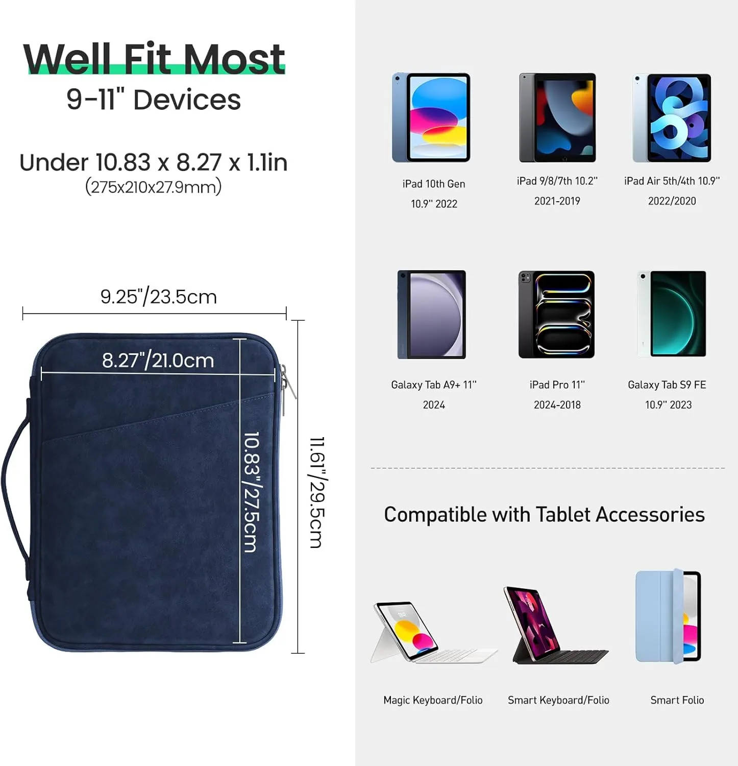 DTTO 9-11 Inch Tablet Sleeve Bag for iPad A16 11-in/Air 11-in M3 M2, iPad 10th Gen 10.9", iPad 9/8/7th Gen 10.2", iPad Air 5/4th Gen 10.9", iPad Pro 11, Galaxy Tab A9 , Waterproof Travel Bag, Navy