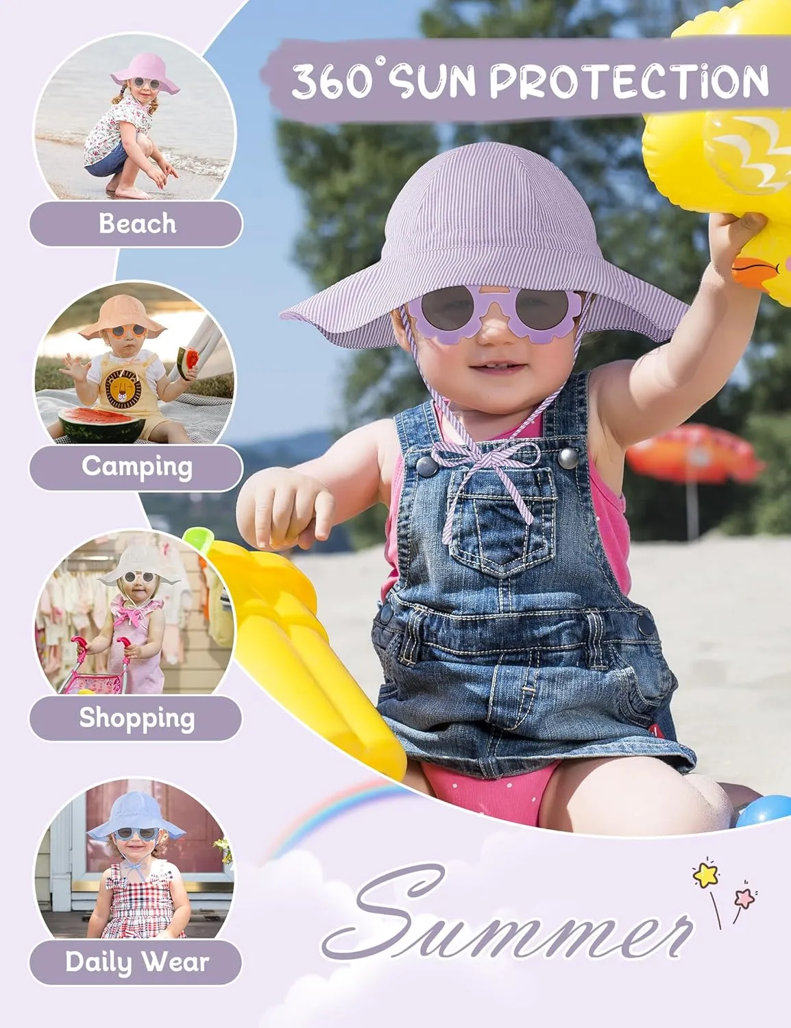 Durio Baby Sun Hat UPF 50  Sun Protection Hat Boy Girl Baby Sunglasses with Strap Wide Brim Baby Bucket Hat Toddler Beach Hat