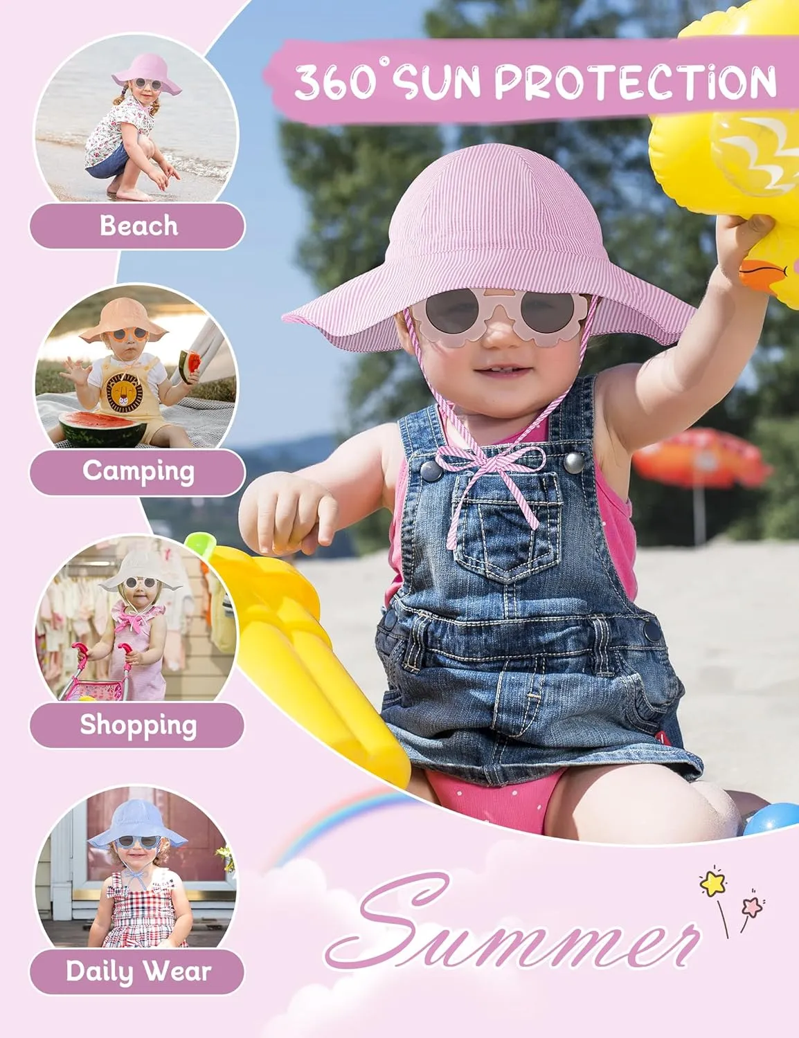 Durio Baby Sun Hat UPF 50  Sun Protection Hat Boy Girl Baby Sunglasses with Strap Wide Brim Baby Bucket Hat Toddler Beach Hat