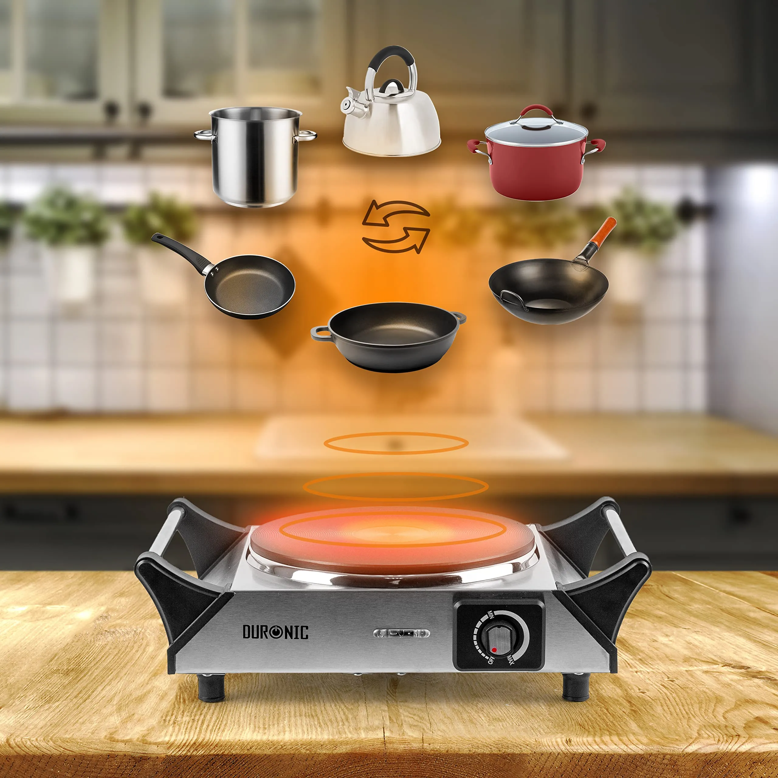 Duronic Hot Plate HP1 SS, Stainless Steel Table Top Cooking, 1500W Black Steel Electric Single Hob with Handles, Cast Iron Portable Hob Burner Rings for Home Kitchen, Pots, Camping