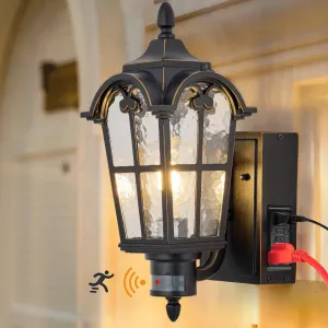 Dusk to Dawn Motion Sensor Outdoor Porch Light with GFCI Outlet,Anti-Rust Waterproof Industrial Outdoor Lantern,UL ETL Listed,Exterior Work Lights Rustic Wall Light