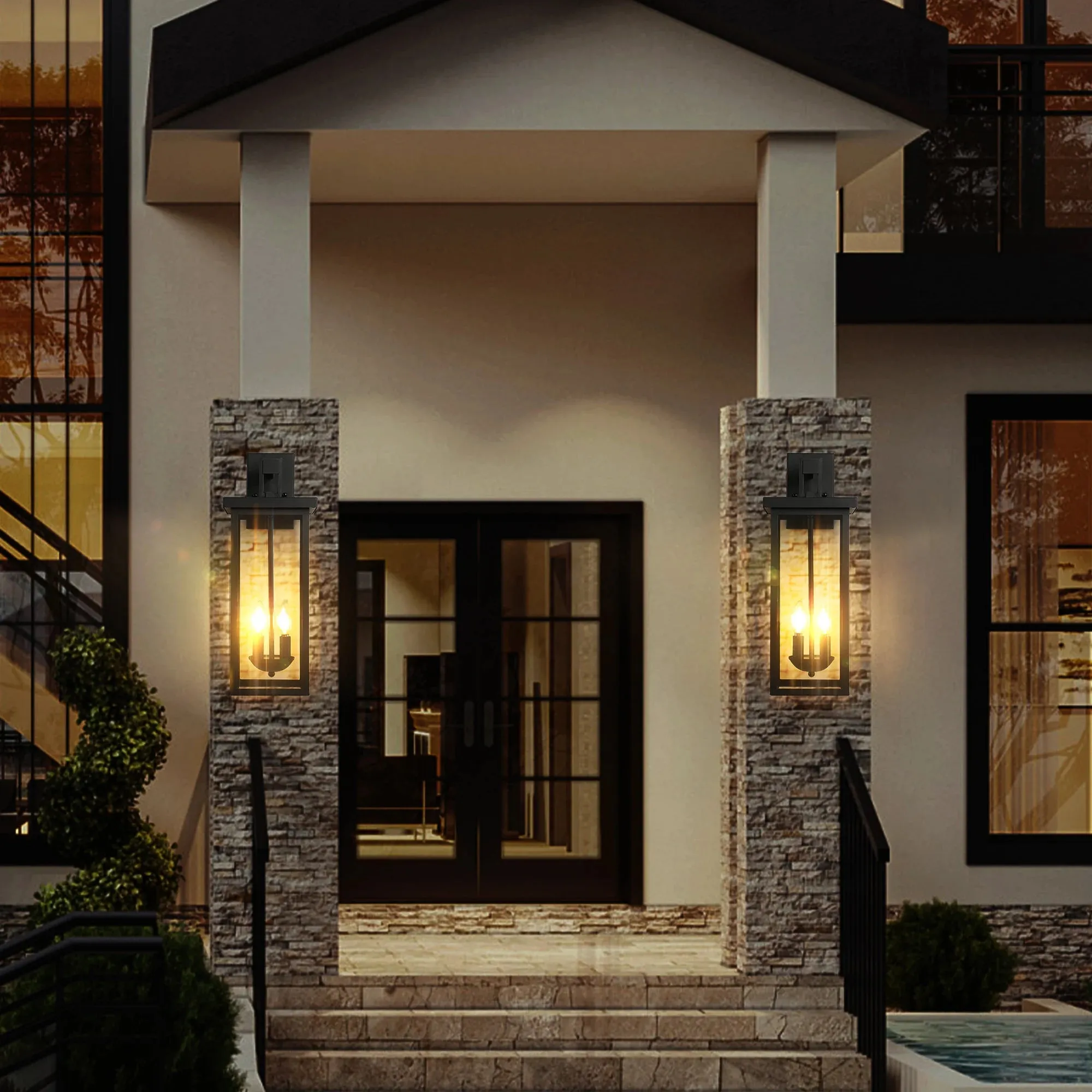 Dusk to Dawn Sensor Matte Black Finish Clear Glass Panels Weatherproof Exterior Light