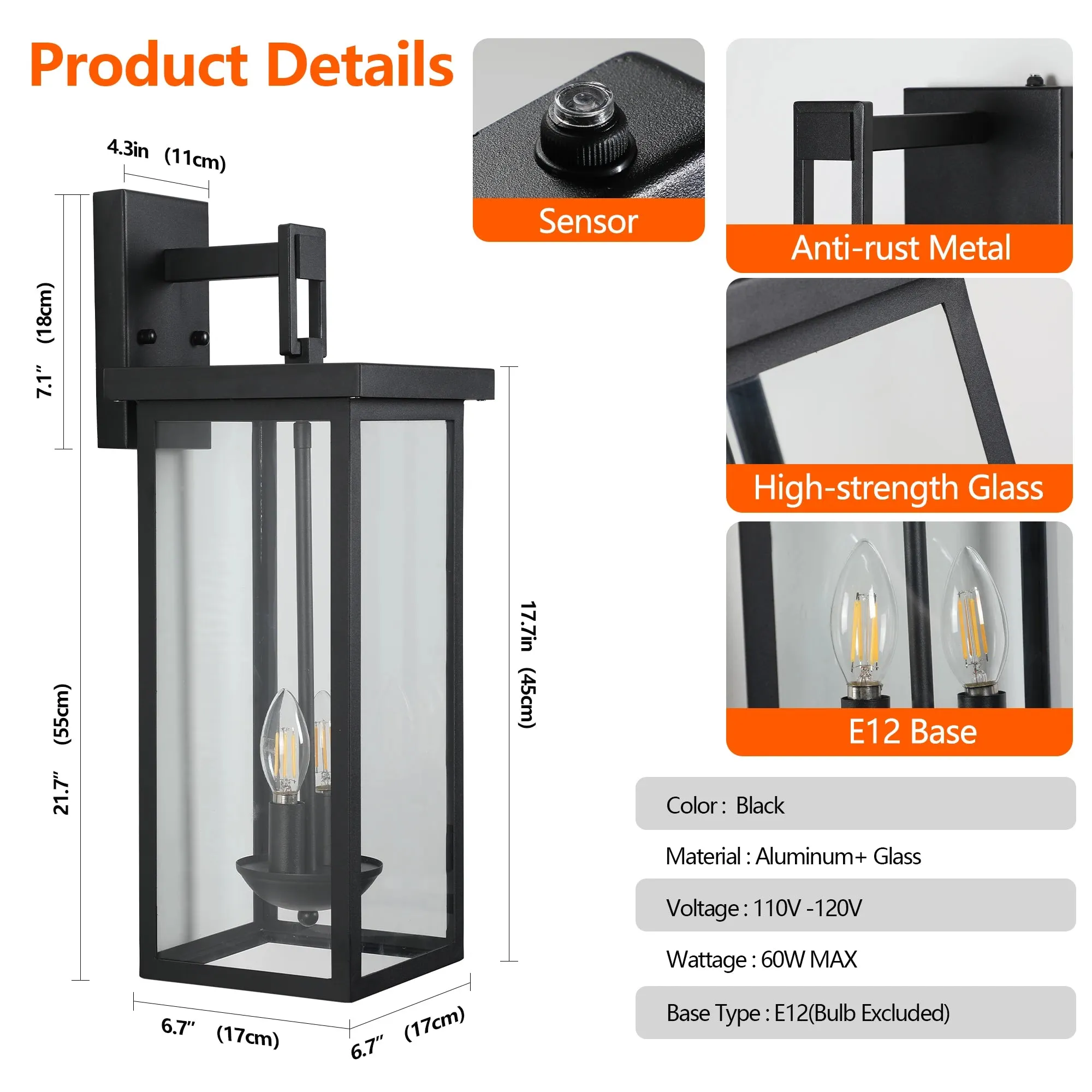 Dusk to Dawn Sensor Matte Black Finish Clear Glass Panels Weatherproof Exterior Light
