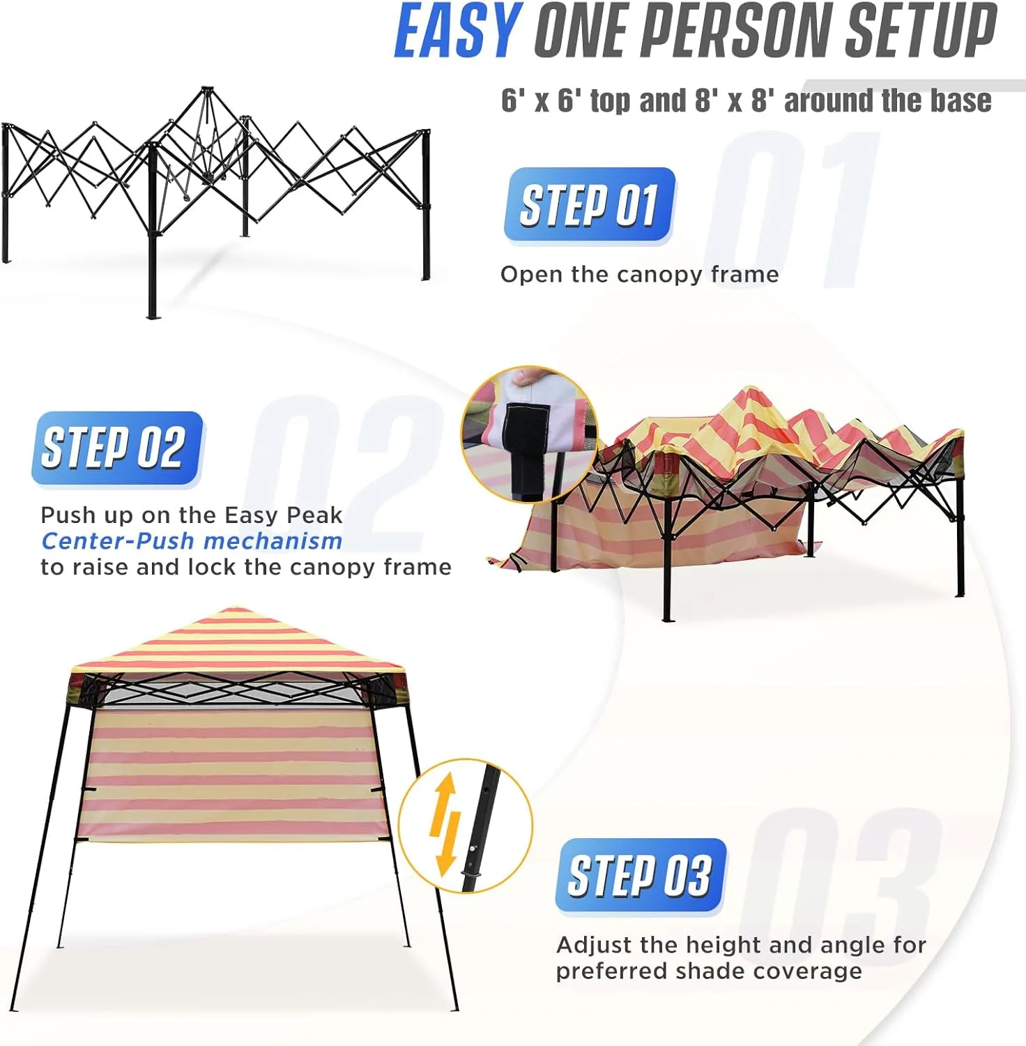 EAGLE PEAK 8x8 Pop Up Canopy Tent with Sidewall, Compact, Portable Slant Leg Instant Sun Shelter for Beach, Sports, & Camping, 8x8 Base 6x6 Top, Orange Yellow Stripe