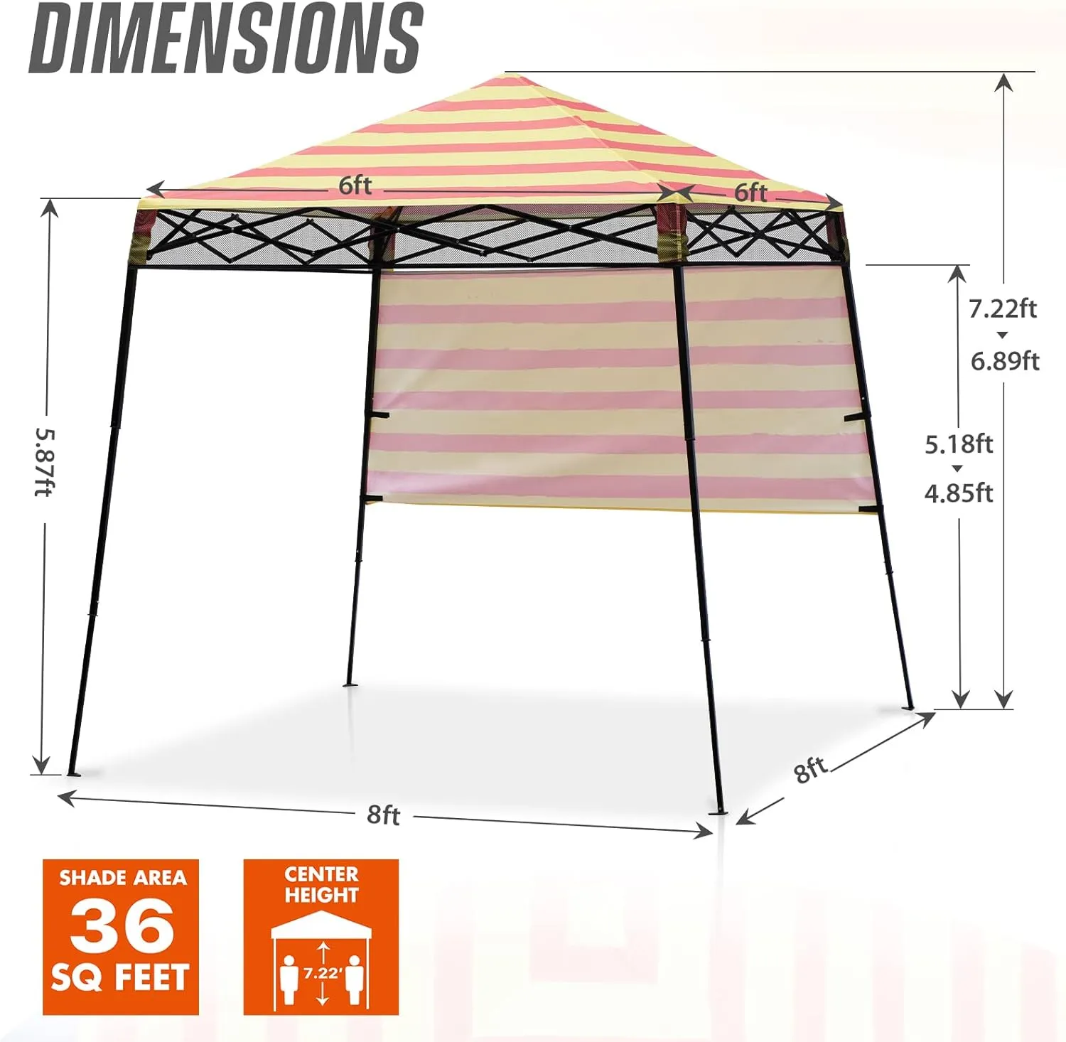 EAGLE PEAK 8x8 Pop Up Canopy Tent with Sidewall, Compact, Portable Slant Leg Instant Sun Shelter for Beach, Sports, & Camping, 8x8 Base 6x6 Top, Orange Yellow Stripe