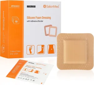 EalionMed Silicone Foam Dressing with Gentle Adhesive Border 3''x3'', 10 Pack, Painless Removal High Absorbency Bed Sore Wound Bandage for Pressure Sore, Leg Ulcer, Diabetic Ulcer